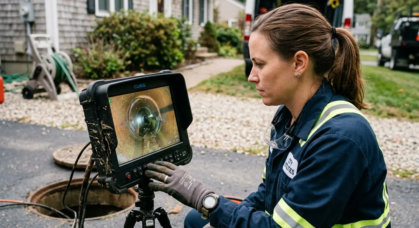 Technician reviewing sewer camera inspection footage in Northumberland