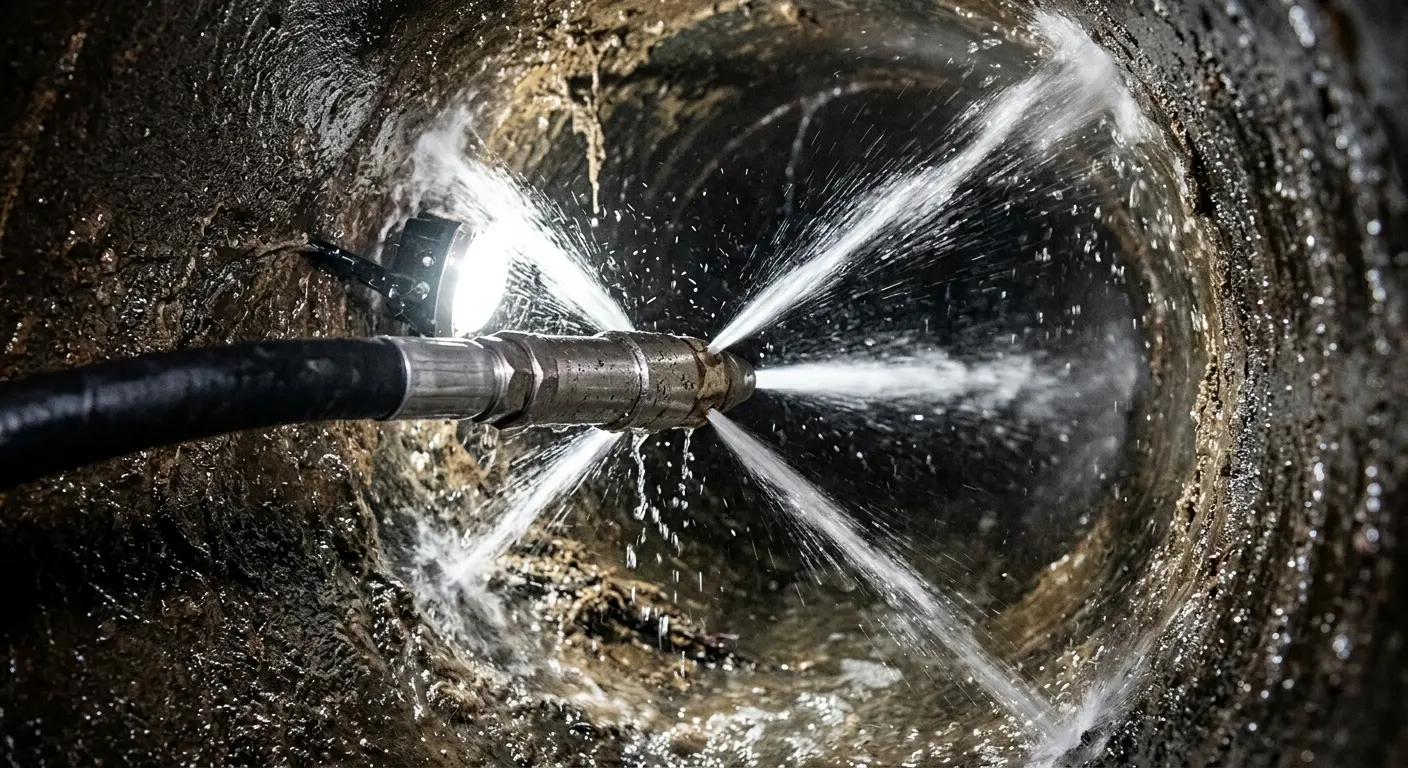 High-pressure hydro jetting nozzle cleaning sewer pipe for Emergency Drain Service in Northumberland