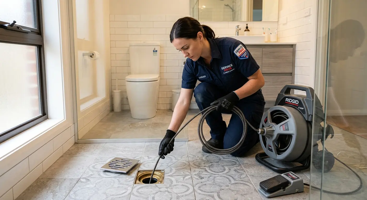 Technician clearing a bathroom floor drain for Drain Repair in Northumberland